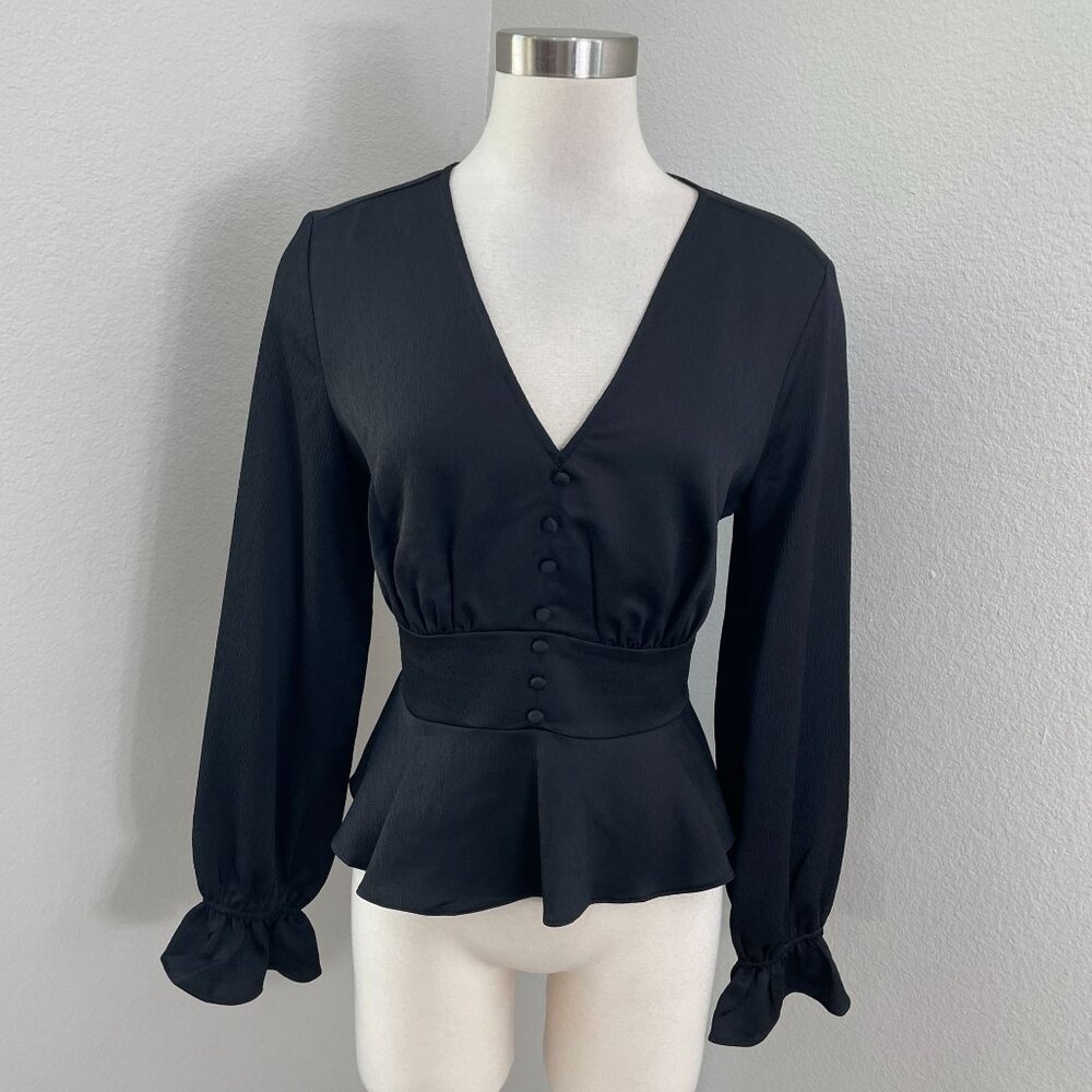 Express Womens Medium Black V Neck Button Front Peplum Blouse Long Sleeves Top